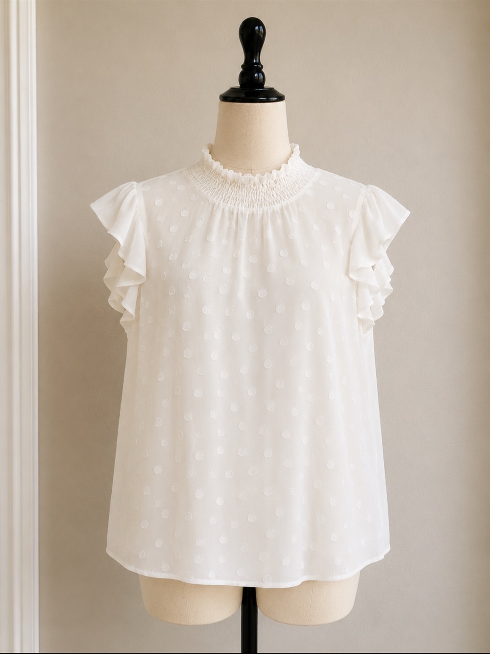 ANDREE BY UNIT Cream Swiss Dot Smocked Neck Ruffle Sleeve Blouse
